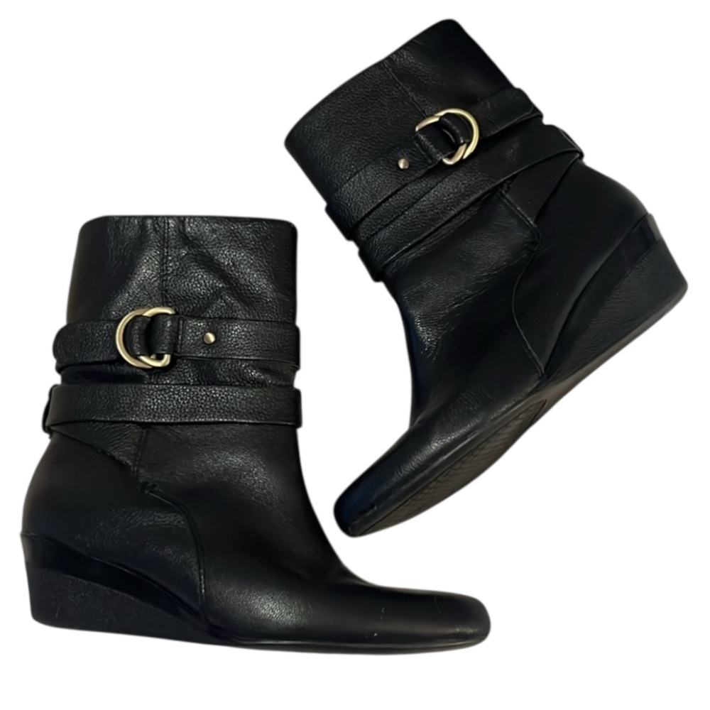 Joan & David Women’s  Black Pebbled Leather Strappy Wedge Calf High Boots 7.5